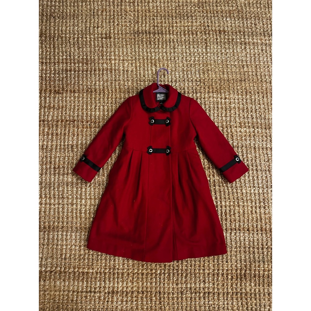 Rothschild Kids Girls Red Wool Blend Coat Black Trim‎ Bows Size 6X